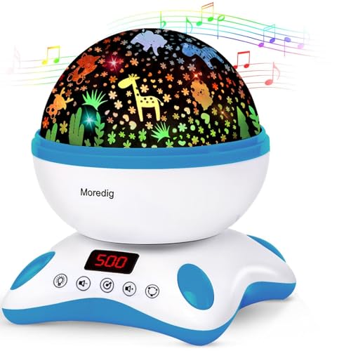 Moredig Baby Projector Night Light, Night Light Kids Projector with 12 Music and Timer, Remote Kids Light for Bedroom with 8 Lighting Modes Gifts for Baby Boy - Blue [Energy Class A]