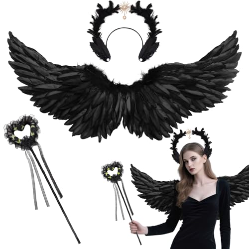 Schwarz Engelsflügel mit Deluxe Heiligenschein Set,Groß Engel Flügel Halloween Engel Kostüm Flügel Teufel Wings 80 cm für Erwachsene Kinder...
