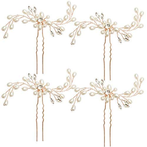Jaciya 4 Pack Wedding Bridal Crystal Pearl Hair Pins Decorated Hairpins for Women (Rose Gold)