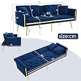 Gxffipw Velvet Sofa Bed Double Couch with Adjustable Backrest and Gold Accents, 2 Seater Sofa with Built-in Cup Holders and Golden Legs, Sofabed Sofas with Comfortable Cushions, Blue, No Mattress - Image 3