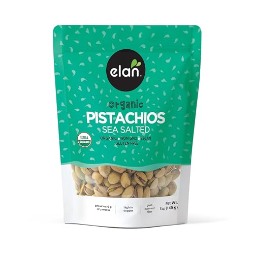 Elan Organic Sea Salted Pistachios, 5.1 oz, In Shell, Salted with Sea Salt, Lightly Roasted, Naturally Open, Non-GMO, Vegan, Gluten-Free, Kosher, Healthy Snacks