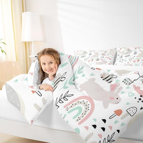 Image of Feelyou Cartoon Goose Bunny Comforter Set Full, Cute Rabbit Comforter Set Cartoon Rainbow Comforter Botanical Leaves and Flowers Duvet Set Lightweight Quilt Set