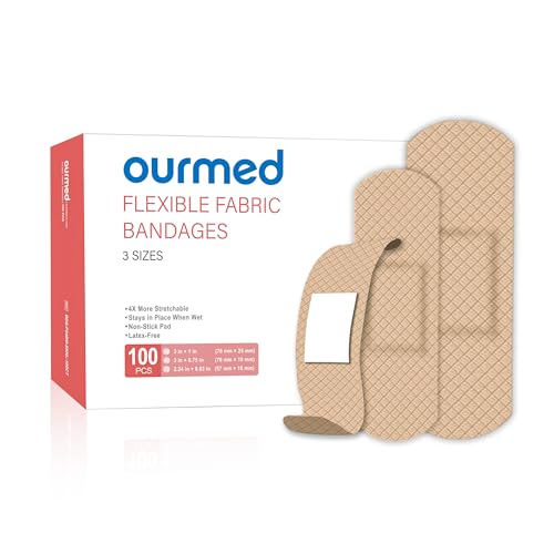Ourmed Flexible Fabric Adhesive Bandages 100 Count Latex Free First Aid Bandage with Non-Stick Pad for Wound Care Cuts Scrapes Blisters Assorted Sizes