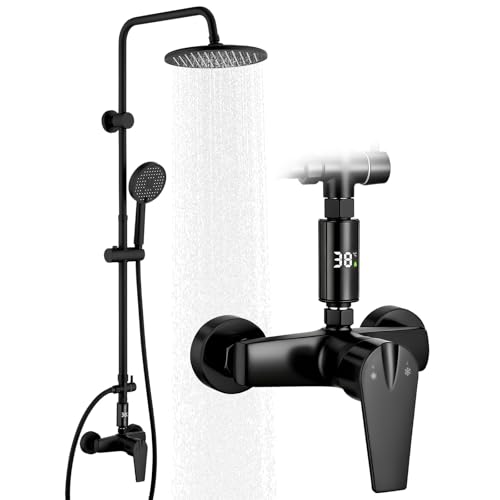 HOMELODY Système de douche avec robinet noir - Douche à effet pluie avec robinet, écran de température LED, douche à effet pluie, rond de 25 cm, pommeau...