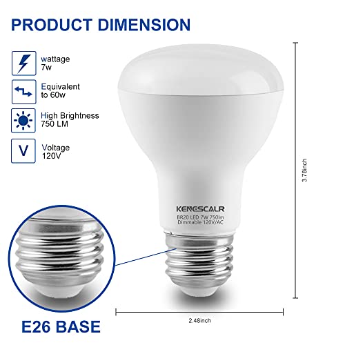 Image of 20-Pack BR20 LED Bulb 5000K Daylight White 7W 50W 60W Equivalent 750LM Dimmable E26 Base Indoor Flood Light Bulbs for Recessed Can Ceiling Lighting