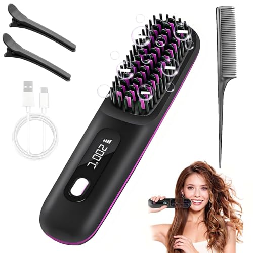 Brosse Lissante Sans Fil,Brosse Lissante Pour Cheveux,3 Réglages de Température avec Affichage LED,Go Brush Pro Brosse à Lisser Portable Sans Fil pour les...