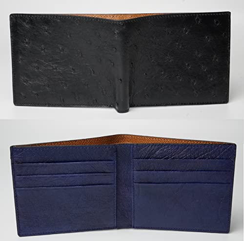 Image of HATA Black Blue Ostrich Leather Bifold Wallet for Men, Double-Sided Ostrich Billfold with RFID Blocking, Handmade Leather Wallet Gift for Birthday, Anniversary, Father's Day VINAMOS-14