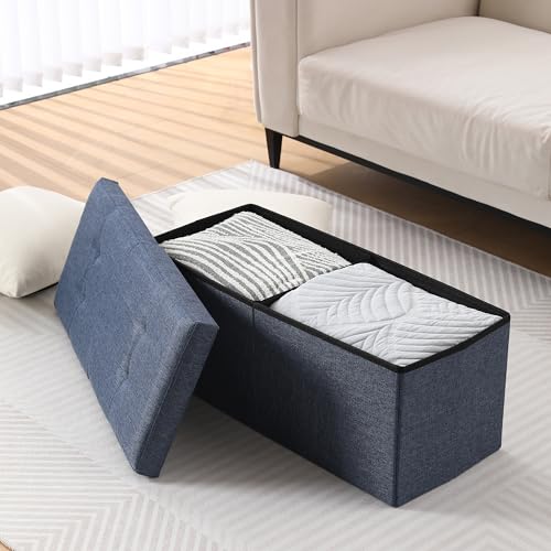 Image of Storage Ottoman Bench Foldable Footrest Foot Stool, 30 inch Fabric Navy | Small Ottoman Foot Rest Seat Shoe Bench Flip-Top forliving Room End of Bed Bedroom Couch Dorm, 80L Folding Upholstered Chair