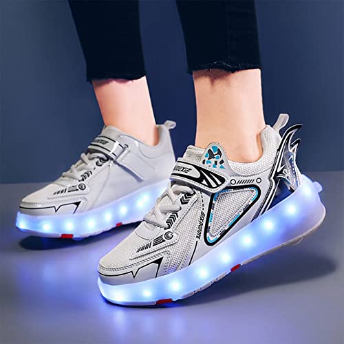 EMDPBD Kids Roller Skates Shoes with USB Chargeable, LED Light Up Roller Shoes with 4 Wheels, Roller Shoes Girls Boys Sneakers Best Gifts,White-7.5BigKid4
