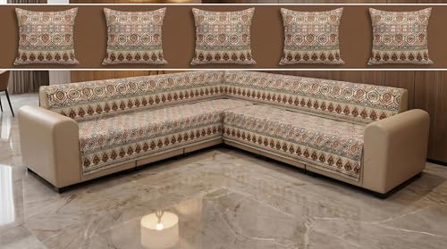 Image of Luxury Sofa Cover L Shape 5 Seater with Matching Cushion Cover 16x16 inch - Ivory Moroccan Hexagon 3+2 Seater (5 Seater) Quilted Sofa Cover Set Pack of 10, Washable, Ivory Rust