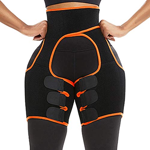 Thigh Support Braces with Waist Trainer Compression Sleeve Thigh Slimmers Exercise Wraps For Men and Women Workout (Black Orange, Medium)