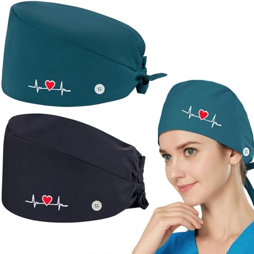 FAYAHAR 2 Piezas Gorro Quirófano, Enfermera Gorros, Ajustable Gorro Quirúrgico con Botones y Sudadero Frontal, Gorros Quirofano Algodón, para Médico Dentista Enfermera, Talla Única