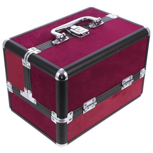 Healeved Estuche de Maquillaje de Aluminio Doble Apertura Tamaño 25X17X18 CM Color Vino Tinto Marco Negro y Base Negra Organizador Portátil para Cosméticos Neceser Práctico para Viaje