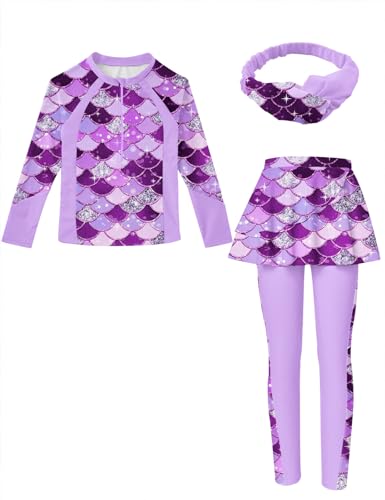 Image of Girls Long Sleeve Rashguard Half Zip Swimsuits UPF 50+ Two Piece Swim Sets with Hairband 5-12Y | Two Piece Swim Sets with Hairband