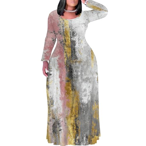 Image of PinkPatty Plus Size Maxi Dress for Curvy Women Crew Neck Long Sleeves Casual Dress Vacation Sundresses with Pockets