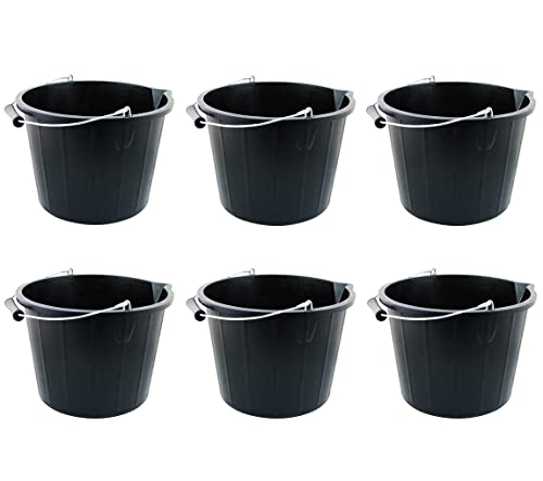 (Set of 6) – 14 Litre 3 Gallon Black Bucket with strong metal handle and large spout, Heavy-Duty plastic builder's bucket, ideal use for mixing cement, water storage, construction work