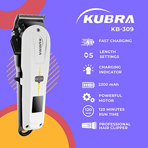Kubra-KB-309-Professional-Cordless-Rechargeable-LED-Display-Hair-Clipper-Heavy-Duty-for-Hair-and-Beard-Cut-White