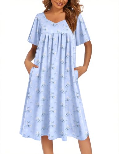 Image of Ekouaer Women's House Dress - Pleated Nightgown with Short Sleeves & Pockets