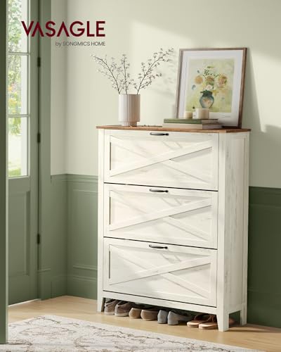 Image of VASAGLE LIRY Collection - Shoe Storage Cabinet Organizer with 3 Flip Drawers, Freestanding Narrow Shoe Rack Cabinet for Entryway, Farmhouse Style, Fits 18 to 24 Pairs, Rustic White UHSC301WJ01S
