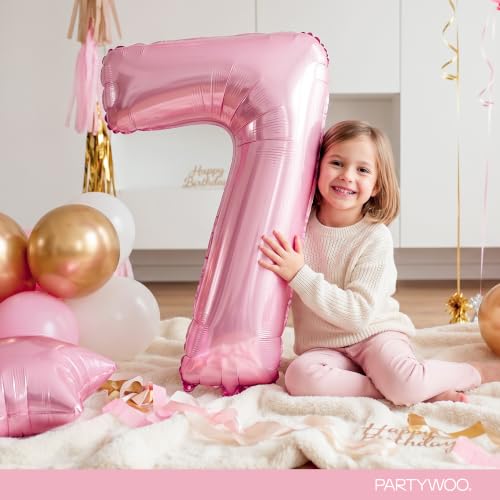 Image of PartyWoo Baby Pink Number 7 Balloon 40 Inch 25pcs Pink Foil Star White Gold