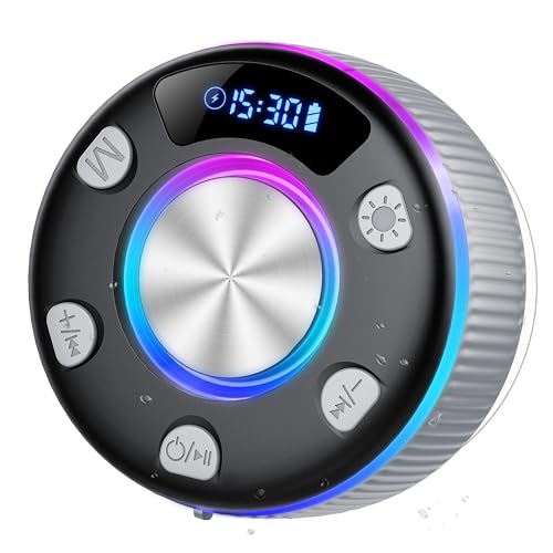 Cassa Doccia Bluetooth 5.3, Cassa Bluetooth Doccia con Luce RGB, IP7 Impermeabile Speaker con Ventosa, 8 Ore Stereo USB-C, Altoparlante Bluetooth Portatile per Bagno Piscina Feste, Grigio