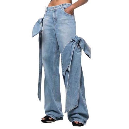 HGps8w Women's Chic Huge Bow Tie Straight Leg Jeans High Waisted Stretchy Lightweight Denim Pants with Pockets