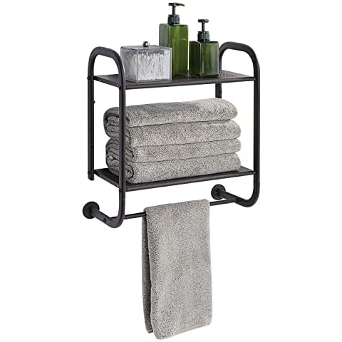 SunnyPoint Compact Wall Mount 2 Tier Bathroom Shelf with Towel Bars (Brown) Cover