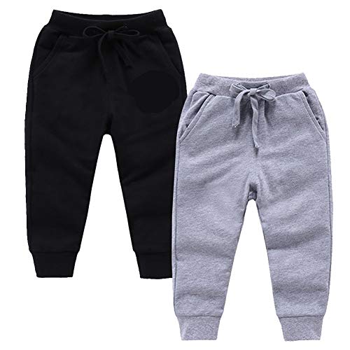 Looching 2 Pack Toddler Baby Boys Cotton Active Pants with Pockets Adjustable Drawstring Joggers Bottoms Infant Newborn Black/Gray