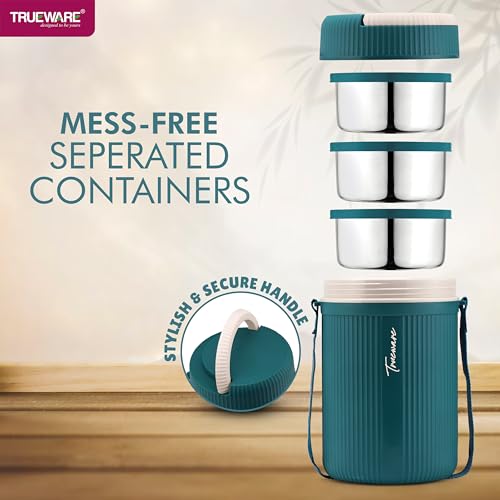 Image of Trueware GRUB 3 Double Wall Insulated Hot Lunch Box with 3 SS Container 300 ML Each | Bpa Free | Food Grade | Hot and Fresh Many Hours (Blue) (LBI-GRB-003-Blue BAZ)