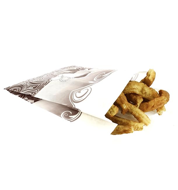 250 Bolsa para Churros Antigrasa 30+9 × 42cm | Papel Antigrasa Reciclable | Ideal para Churrerías, Food-Truck y Evento | 250 Unidades