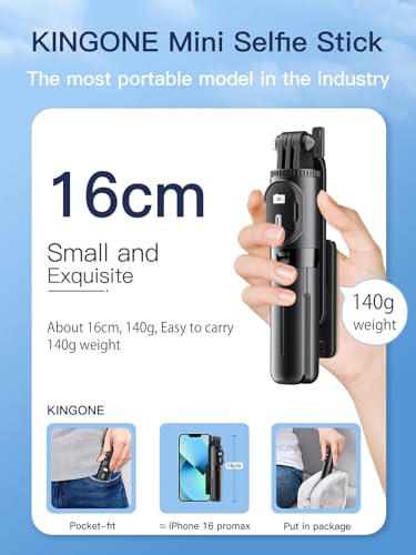 Image of KINGONE Mini Selfie Stick Tripod, Extendable Phone Stand with Bluetooth Remote 71cm, Portable Tripod Selfie Stick for iPhone /Samsung /GoPro, Mobile Selfie Stick with Tripod Stand, Black