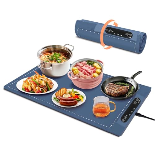 Food Warming Mat for Buffet, Electric Warming Tray to Keep Food Warm at Party, Silicone Heating Mat with 3 Temperature Levels& Auto Shut-Off, Portable Food Warmer for Parties Home Travel (Blue)