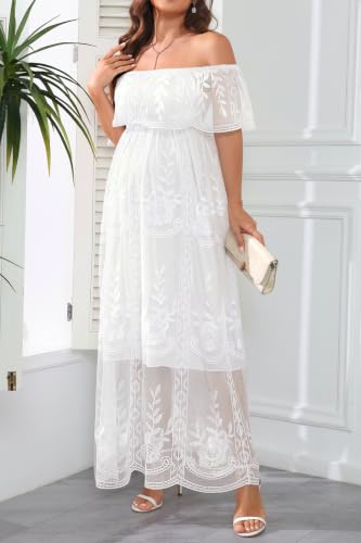 Image of Women's Off Shoulder Maternity Dress Swiss Dot Boho Baby Shower Dress | Swiss dot chiffon fabric,off shoulder boho design,maternity baby shower dress style