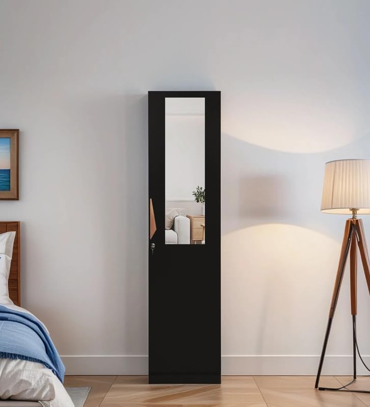 Image of Mintwud Pepperfry Engineered Wood Maya Wardrobe with 1 Doors Storage and Mirror | Wooden Almirah for Living Room Bedroom Furniture | Storage Organizer Cabinet Cupboard for Clothes (Black Wenge Finish)