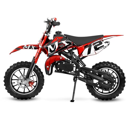 BGGJJ Kids Dirt Bike 49CC 2-Stroke Gas Powered Off Road Motorcycle, Tire Shock Absorber Spring Soft Seat Cushion with Front and Rear Disc Brake Max Speed 24 MPH, Red