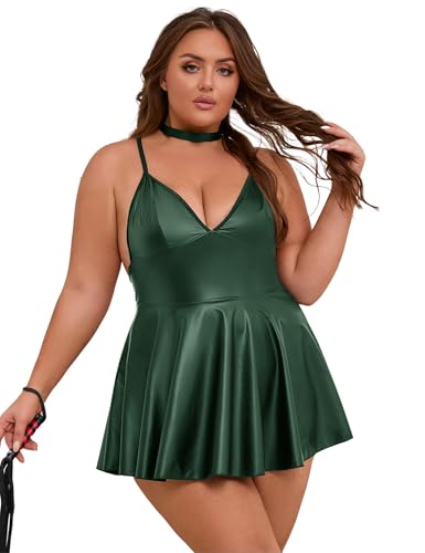 sunshinelady Lederkleid Damen Wetlook Kleid Sexy Große Größen PU Leder Dessous V Ausschnitt Minikleid Rückenfrei Unterwäsche mit Halsband...