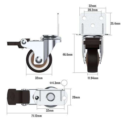 HOLKIE 32 mm Möbelrollen mit Dicker L-Montageplatte Schwerlastrollen Können 45 KG Tragen Rollen für Möbel mit 2 Bremse und 2 ohne Ideale Lenkrollen für Blumenständer,Babybay,Couchtisch (4er-Set)