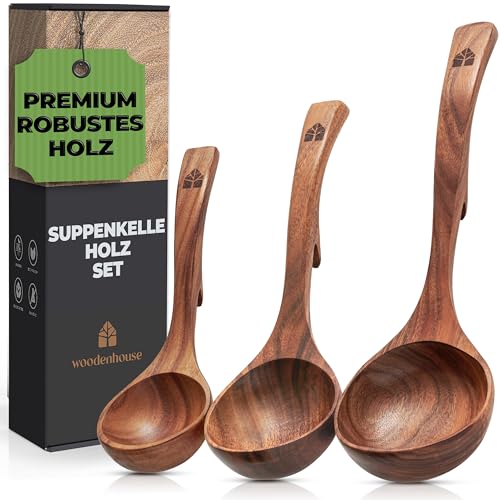 Suppenkelle Holz Set, 3-teilig aus Teakholz - Robustes & nachhaltiges Holzkochlöffel Set - BPA-FREI Schöpflöffel in Groß, Mittel und Klein - Verschiedene Größen für unterschiedliche Kochaufgaben
