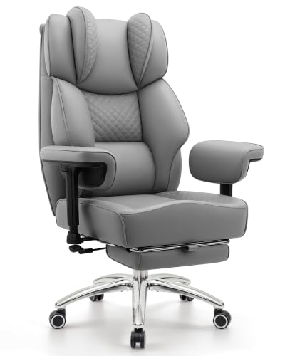 Image of Big and Tall Office Chair, Computer Desk Chair with FootRest, Grey | High Back Leather Gaming Chair with Lumbar Support, Heavy Duty Ergonomic Executive Office Chair for Home Office Gaming