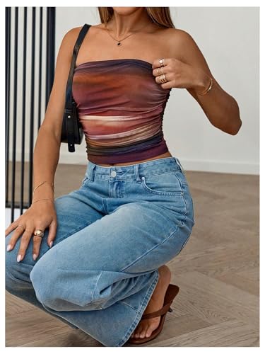 Women's Tie Dye Ruched Strapless Tube Top Sleeveless Fitted Elegant Crop Tops Going Out Bandeau4