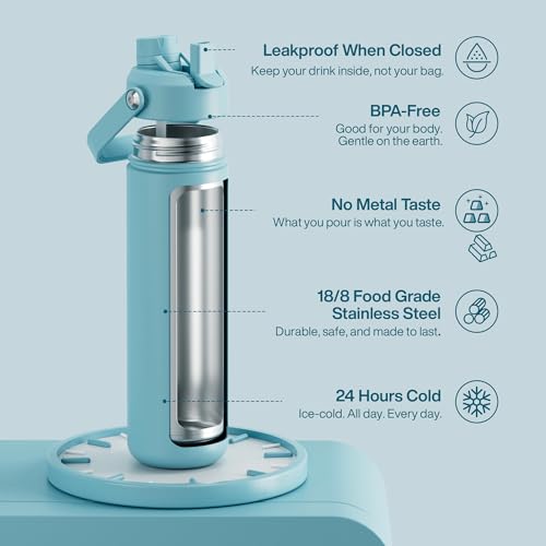 Image of ENCOOL Insulated Water Bottle with Straw Stainless Steel Water Bottle, Leak-Proof, BPA-Free, Double Wall Vacuum Keeps Cold for 24 Hours for Sports, Travel, School (26 oz, Pewter Blue)