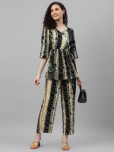 Image of DEEBACO Striped Rayon Flared Tunic & Straight Pants Co-Ord Set For Women V-Neck & 3 /4 Puff Sleeve Ladies Party Casual Wear Fashionable For Girl Relaxed Fit Cord Set (DBCOMR00000904 M Multicolor)