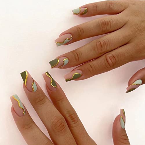RUNRAYAY Presse Verte et Rose Sur les Ongles Longs avec une Ligne de Feuille D'Or, Faux Ongles Français avec Vague Design, Nude False Nails Stick On Nail For Women Girls DIY Nail Manucure