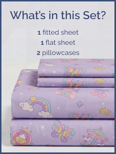 Image of Kids Full Size Princess Dreamland Bed Sheets - 4 Piece Kids Sheet Set | Princess Dreamland Themed Bedding, Ultra-Soft, Cute & Cozy, Breathable & Machine Washable, Bed Set for Boys, Girls & Teens