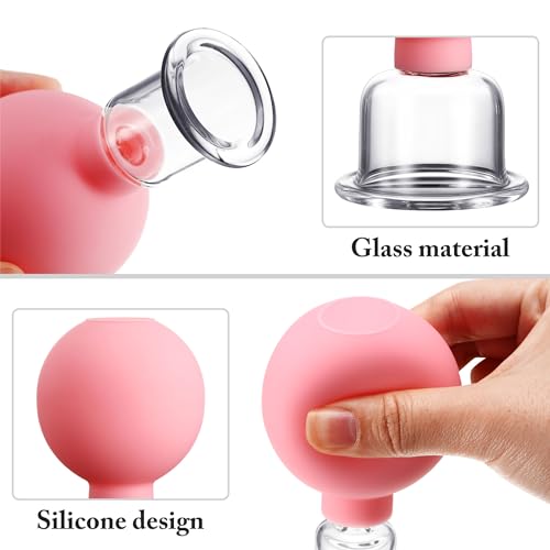 Image of BBTO 4 Pieces Glass Cupping Set Glass Silicone Cupping Cups Massage Vacuum Suction Cupping Cups for Body Face Leg Arm Back Shoulder Muscle and Joint Pain (Pink)