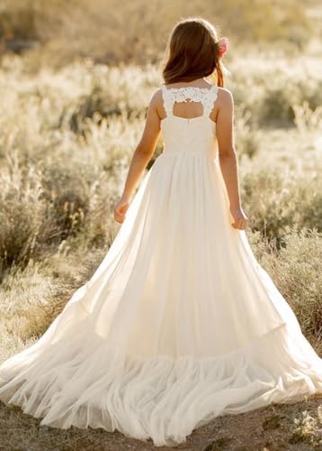 SIPUHK Boho Flower Girl Dresses for Wedding Lace Princess Pageant Dress with Train Chiffon Frist Communion Dresses for Teens2