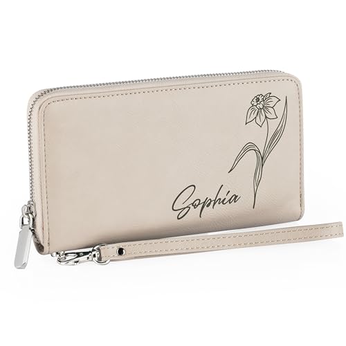 Personalized Women's Wallet with Name & Birth Flower - Customized Wristlet Wallet, Custom Engraved Bifold, 11 Card Slots, Zipper Coin Pocket - Soft Pink - Gift for Her, Wife, Mom, Daughter
