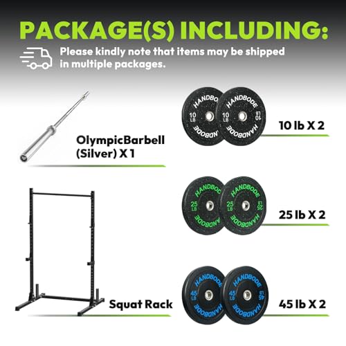 Image of HANDBODE Squat Rack, 7ft Barbell, Weight Plates Set 160 lb, Home Gym Equipment, Silver