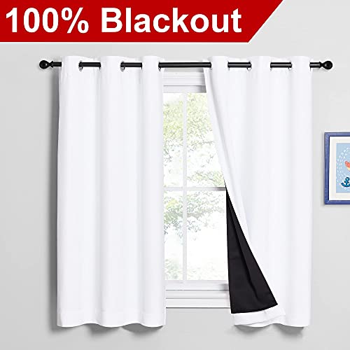 Image of NICETOWN 100% Blackout Curtains 54 inches Long, Double-Deck Completely Blackout Window Treatment Thermal Insulated Lined Drapes for Small Window (White, 1 Pair, 42 inches Width Each Panel)