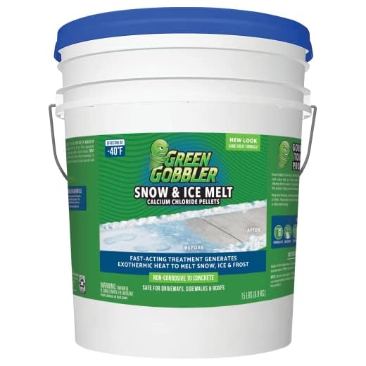 Green Gobbler 96% Pure Calcium Chloride Snow & Ice Melt Pellets | Concrete Safe Ice Melt (15 lb Pail)